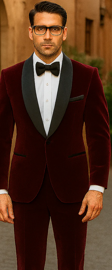 Mens 1 Button Shawl Lapel Velvet Tuxedo in burgundy - Image 5