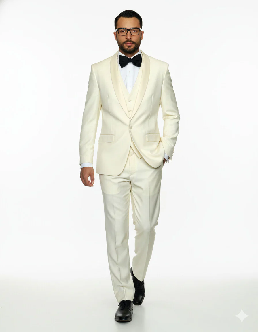 Mens 1 Button Shawl Lapel Vested Wool Prom | Wedding Tuxedo in Ivory - Image 4