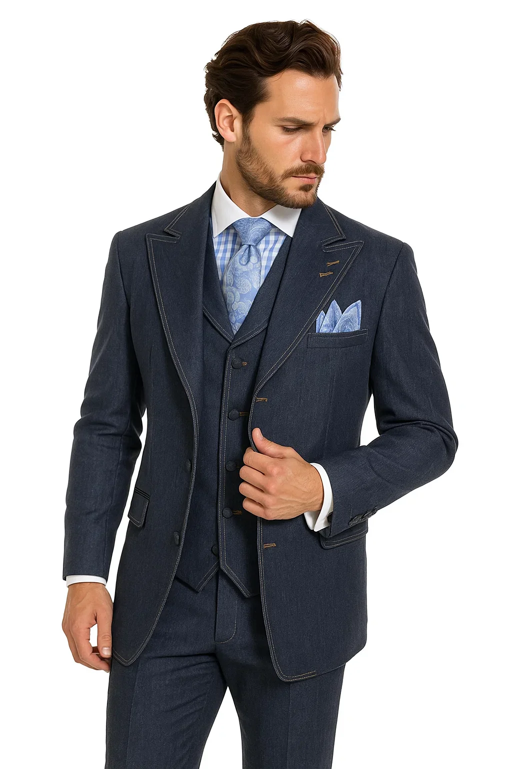 Men's 100% Cotton Denim Suit Set – Double Vent Jacket, Vest & Flat Front Pants - Image 3