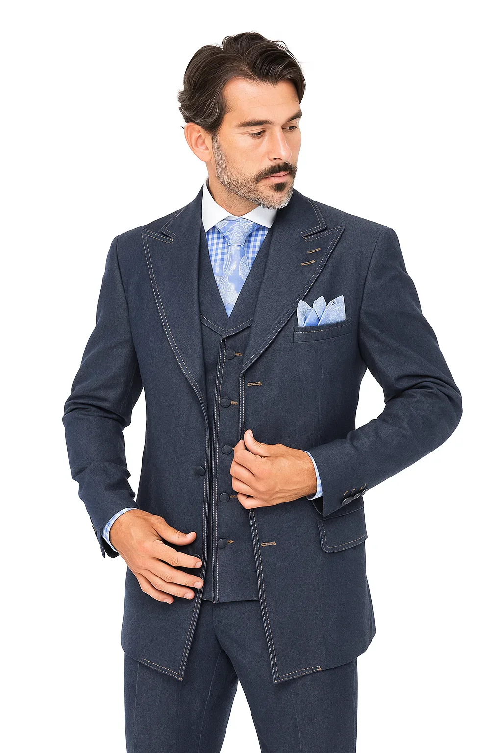 Men's 100% Cotton Denim Suit Set – Double Vent Jacket, Vest & Flat Front Pants - Image 4