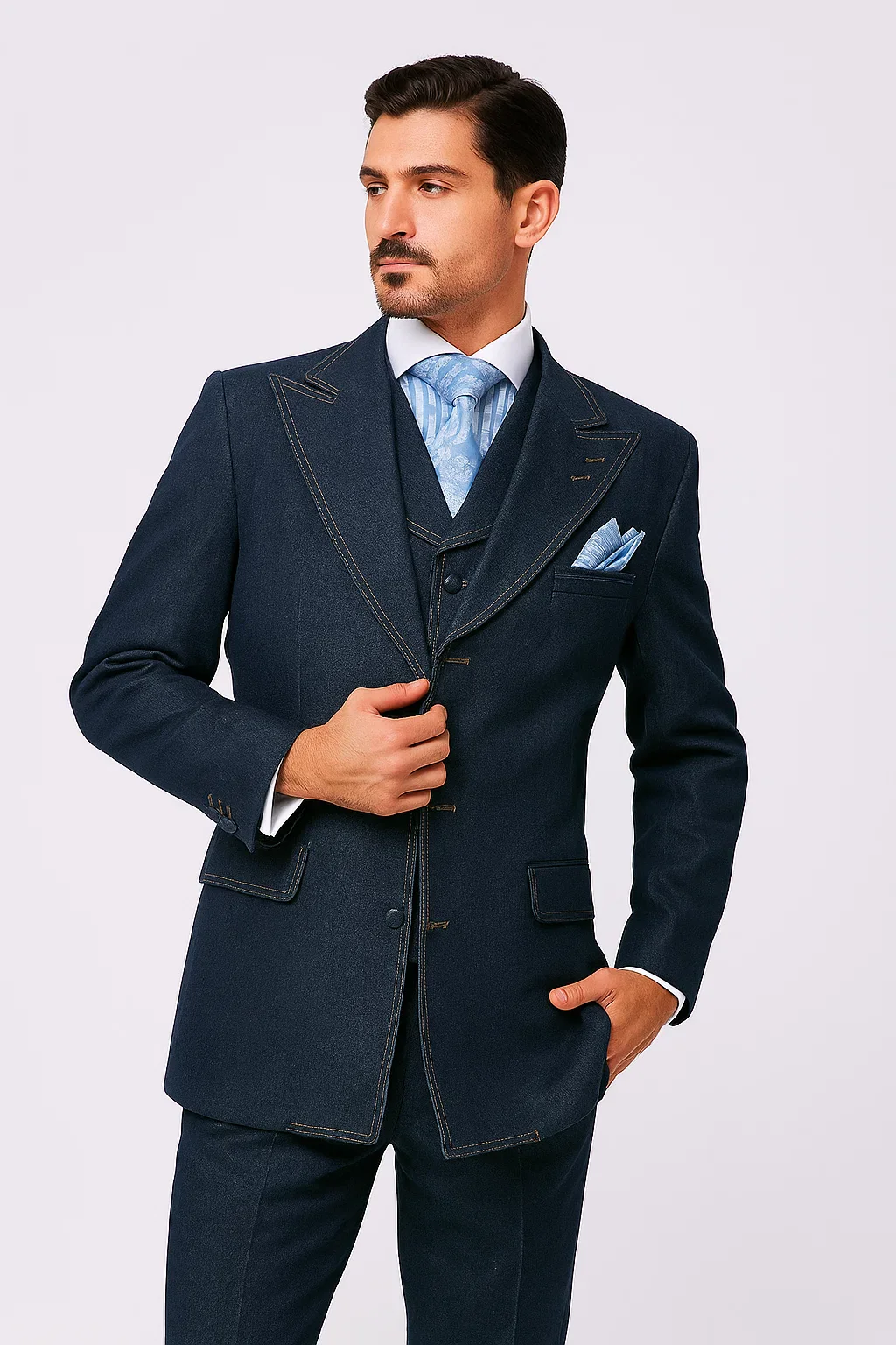 Men's 100% Cotton Denim Suit Set – Double Vent Jacket, Vest & Flat Front Pants - Image 5