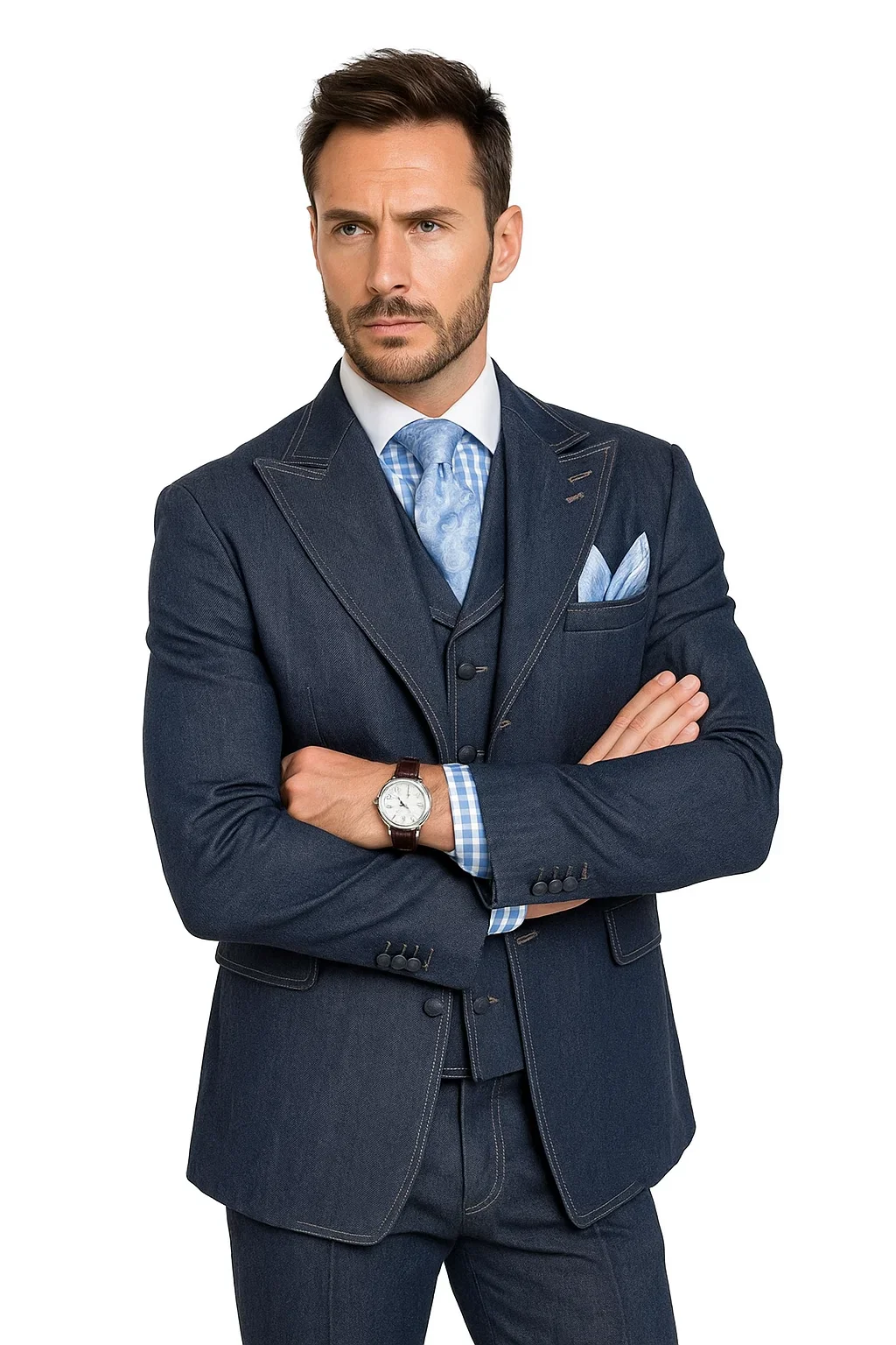 Men's 100% Cotton Denim Suit Set – Double Vent Jacket, Vest & Flat Front Pants - Image 6