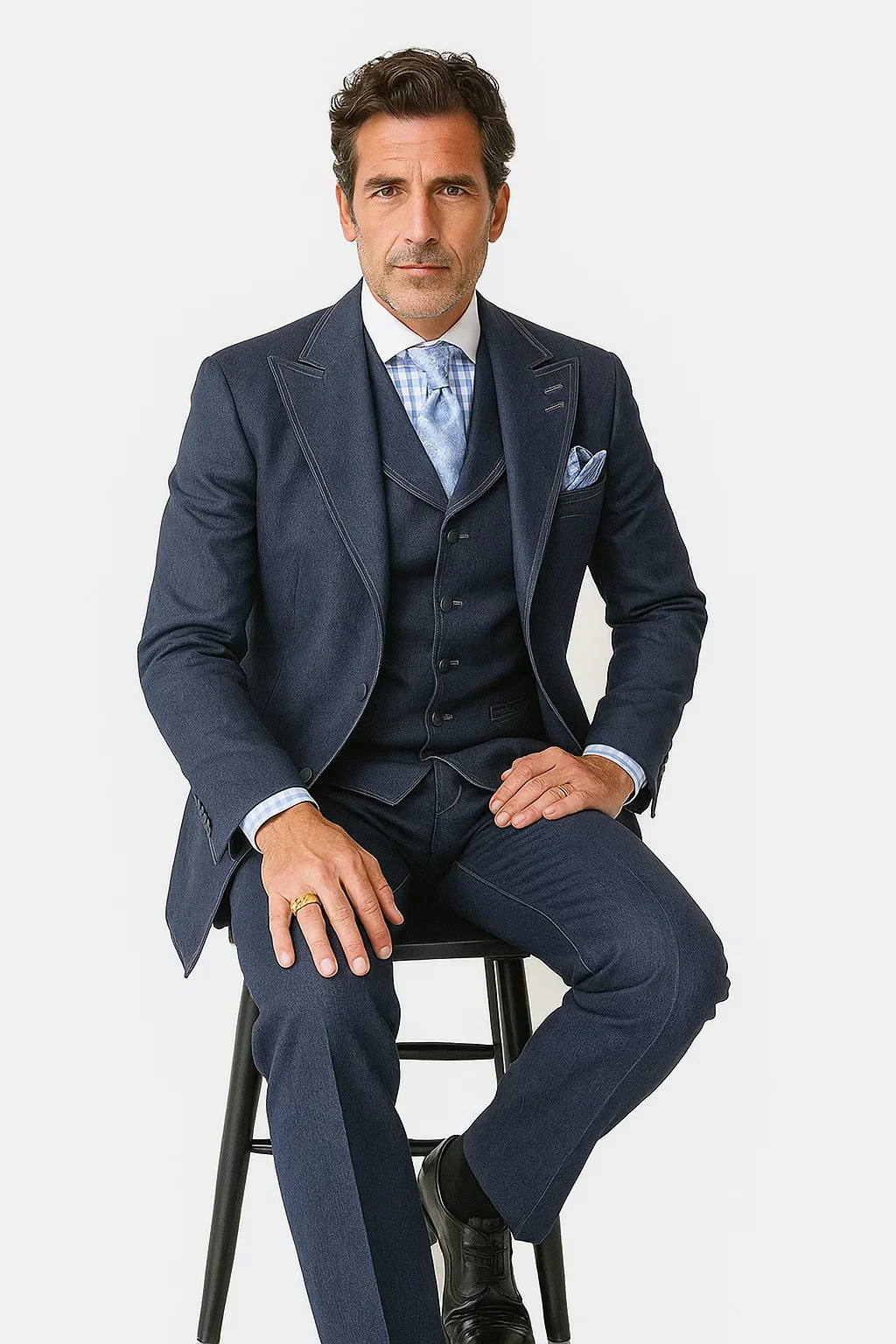 Men's 100% Cotton Denim Suit Set – Double Vent Jacket, Vest & Flat Front Pants - Image 7