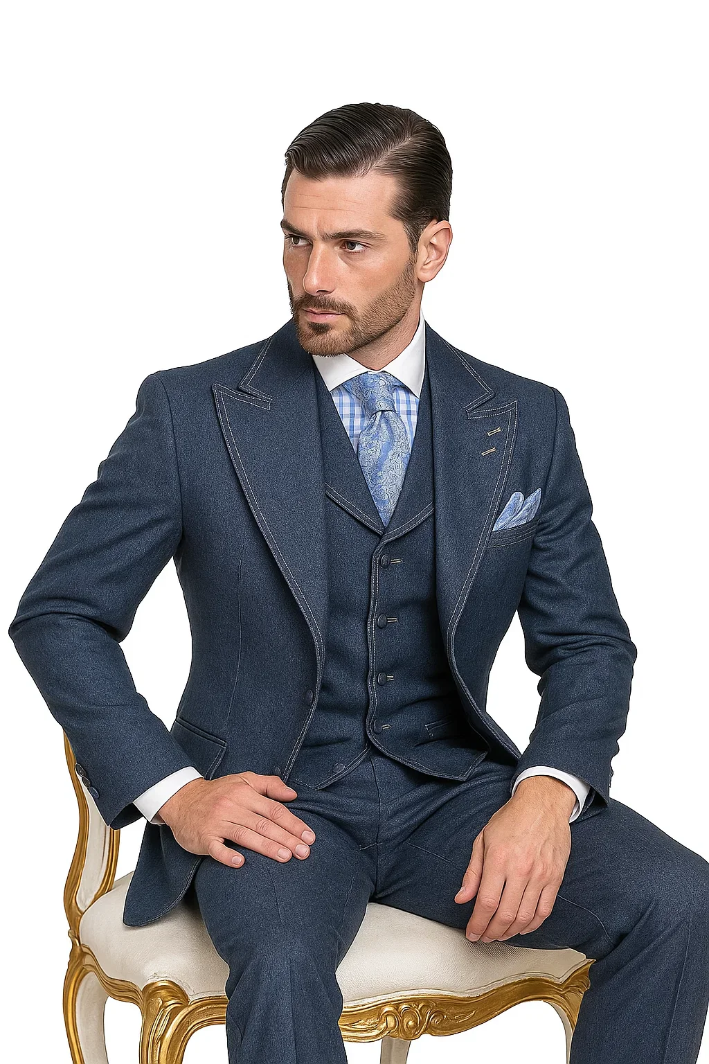 Men's 100% Cotton Denim Suit Set – Double Vent Jacket, Vest & Flat Front Pants - Image 8