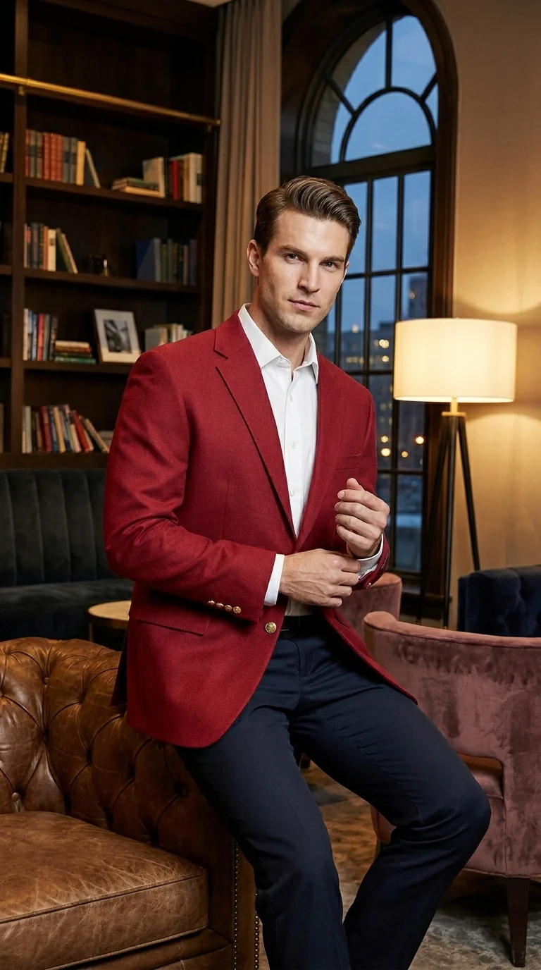 Men’s Burgundy Wine Maroon Dress Casual Blazer with Notch Lapel, Designer Fashion Sportscoat - Image 10