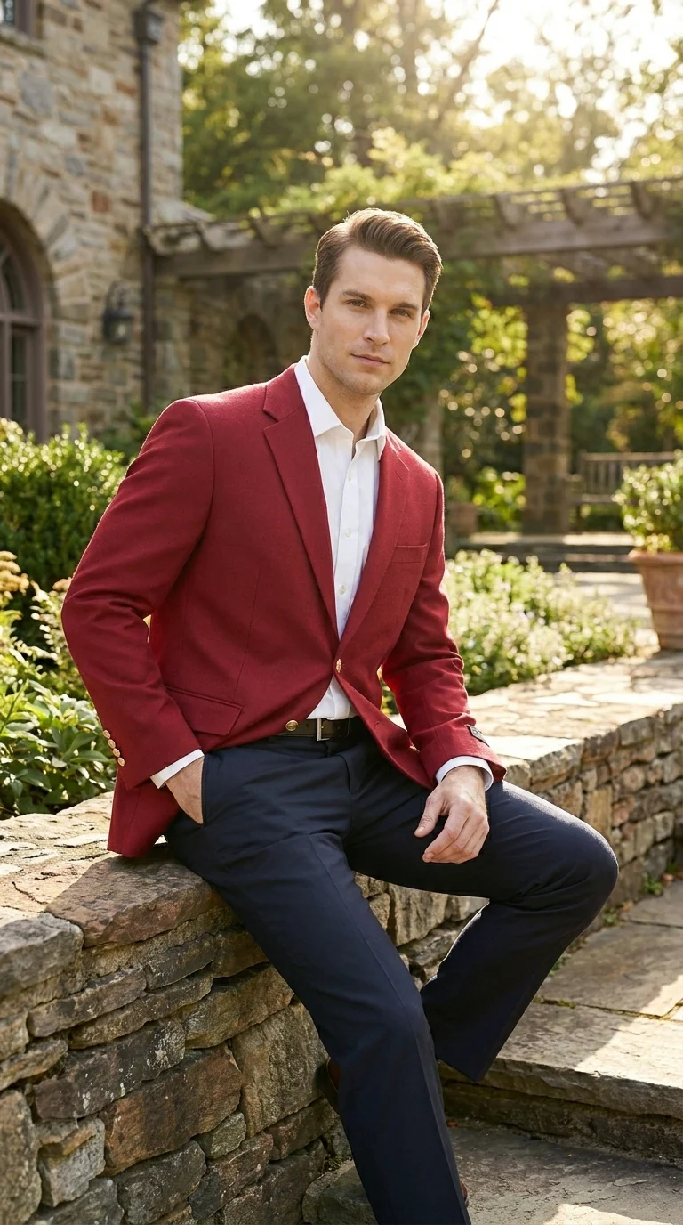 Men’s Burgundy Wine Maroon Dress Casual Blazer with Notch Lapel, Designer Fashion Sportscoat - Image 11