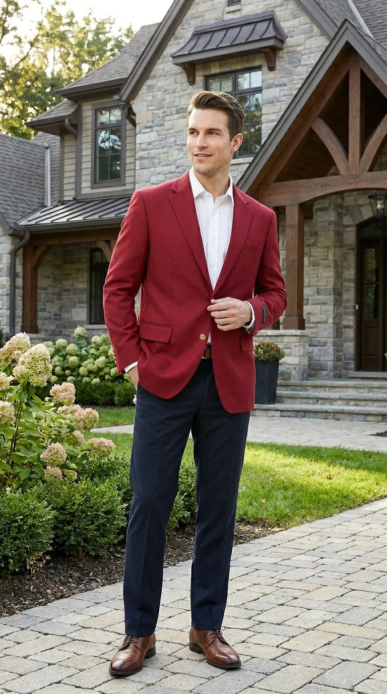 Men’s Burgundy Wine Maroon Dress Casual Blazer with Notch Lapel, Designer Fashion Sportscoat - Image 13