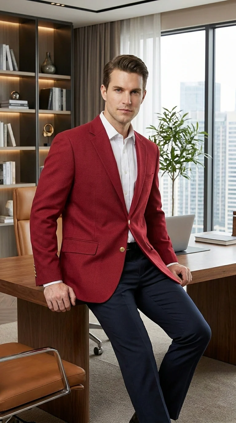Men’s Burgundy Wine Maroon Dress Casual Blazer with Notch Lapel, Designer Fashion Sportscoat - Image 8