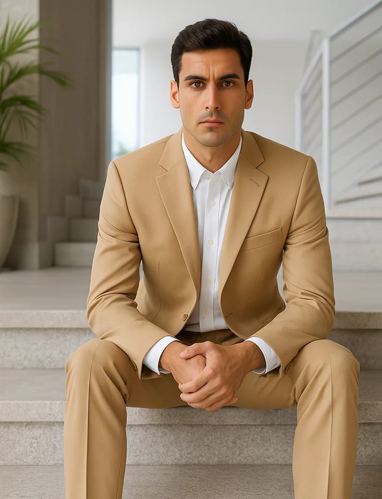 Men'S 2 Button Khaki Beige ~ Bronze ~ Camel Dress Cheap Priced Business Suits Clearance Sale For Men - Image 4