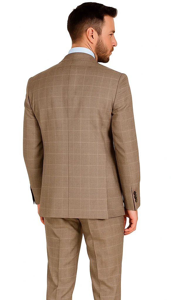Mens 2 Button Vested Peak Lapel Plaid Suit in Tan - Image 3