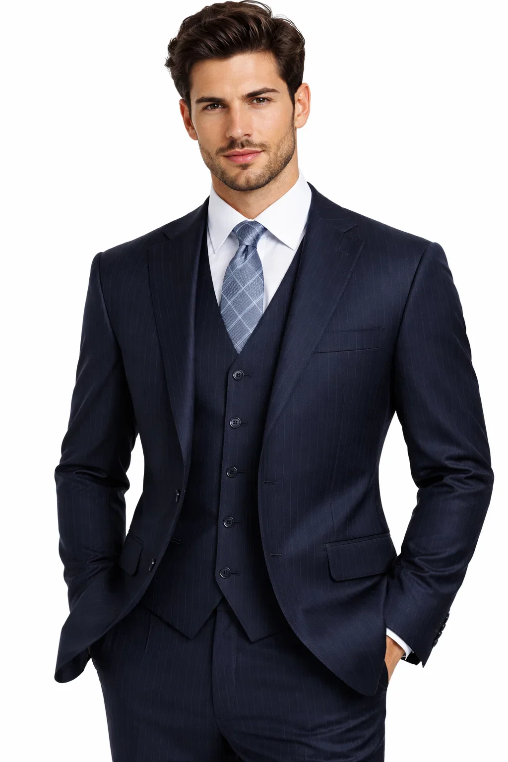Men's 2 Button with Vest and Classic Pinstripe Suit - Image 8