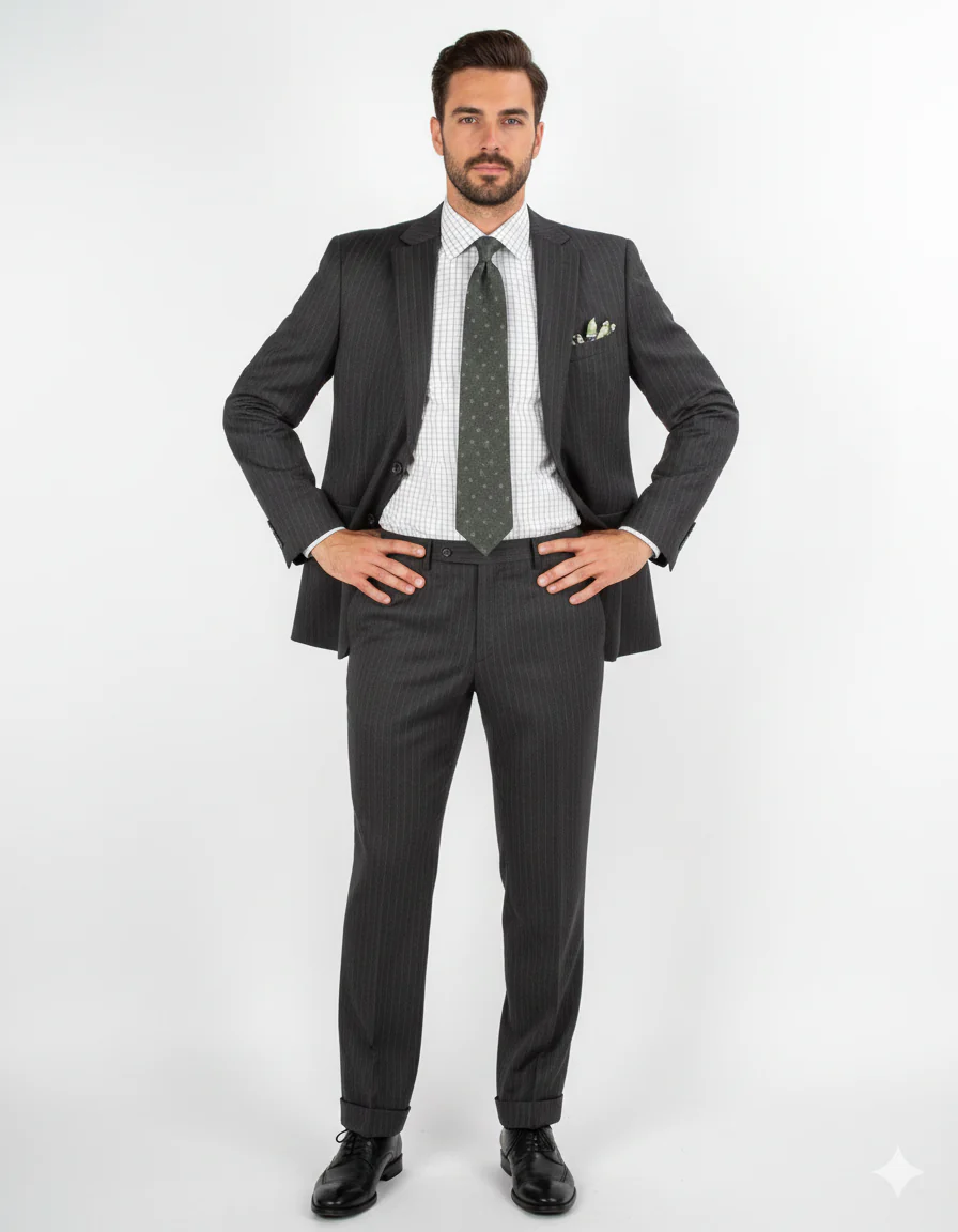 Men'S 2 Piece 100% Executive Suit - Charcoal With Silver Stripe ~ Pinstripe - 100% Percent Wool Fabric Suit - Worsted Wool Business Suit - Image 10