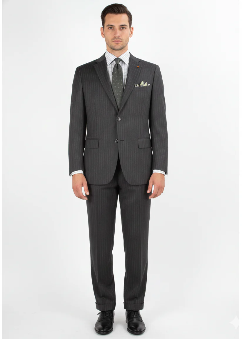 Men'S 2 Piece 100% Executive Suit - Charcoal With Silver Stripe ~ Pinstripe - 100% Percent Wool Fabric Suit - Worsted Wool Business Suit - Image 9