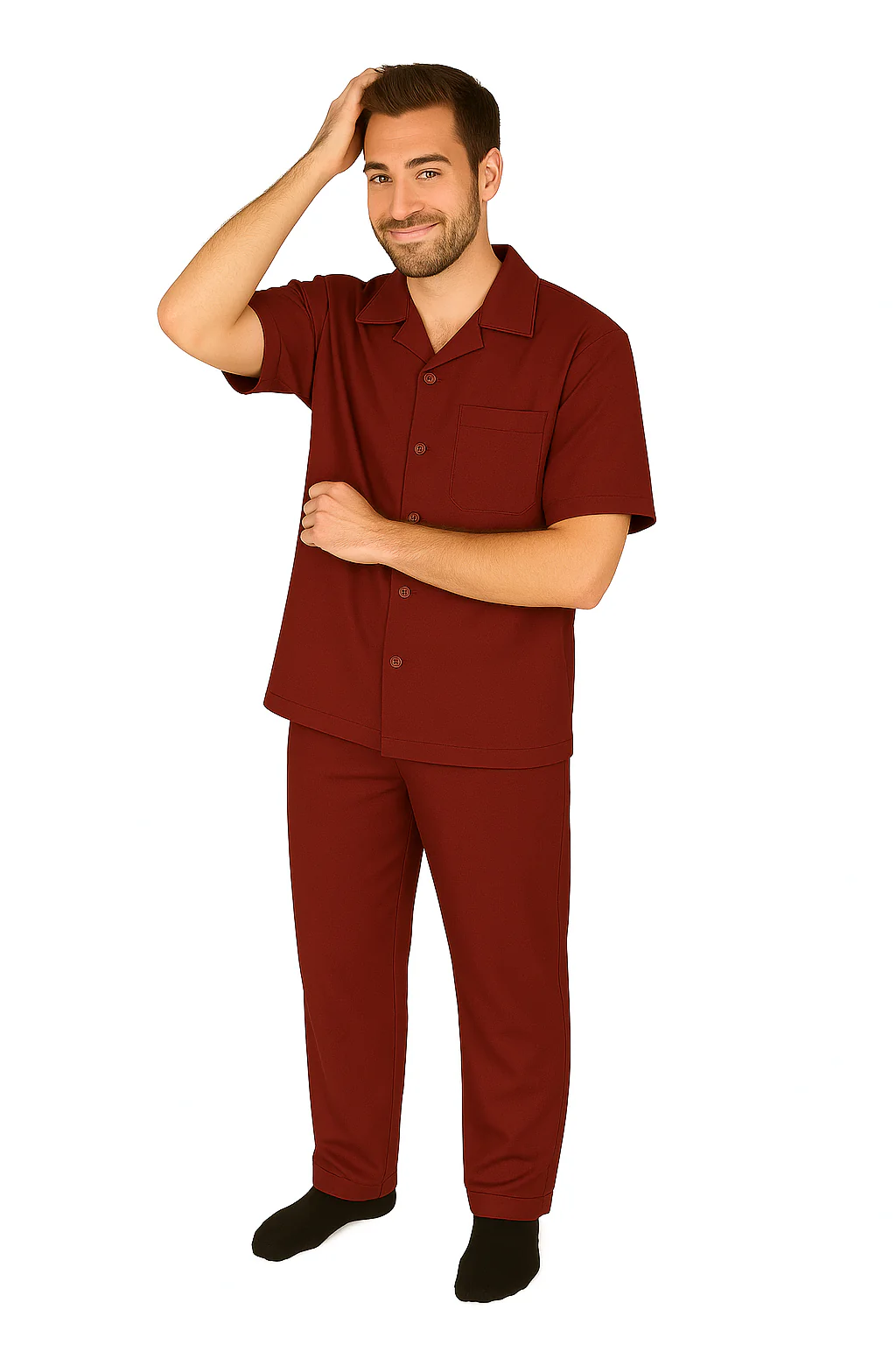 Men's 2 Piece Short Sleeve Casual Two Piece Mens Walking Outfit For Sale Pant Sets Set With Pleated Pants 100% Linen Shirt Wine - Image 7