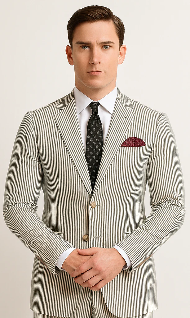 Men's 2pc Summer Seersucker Modern Fit Suit In Black Pinstripe - Image 3