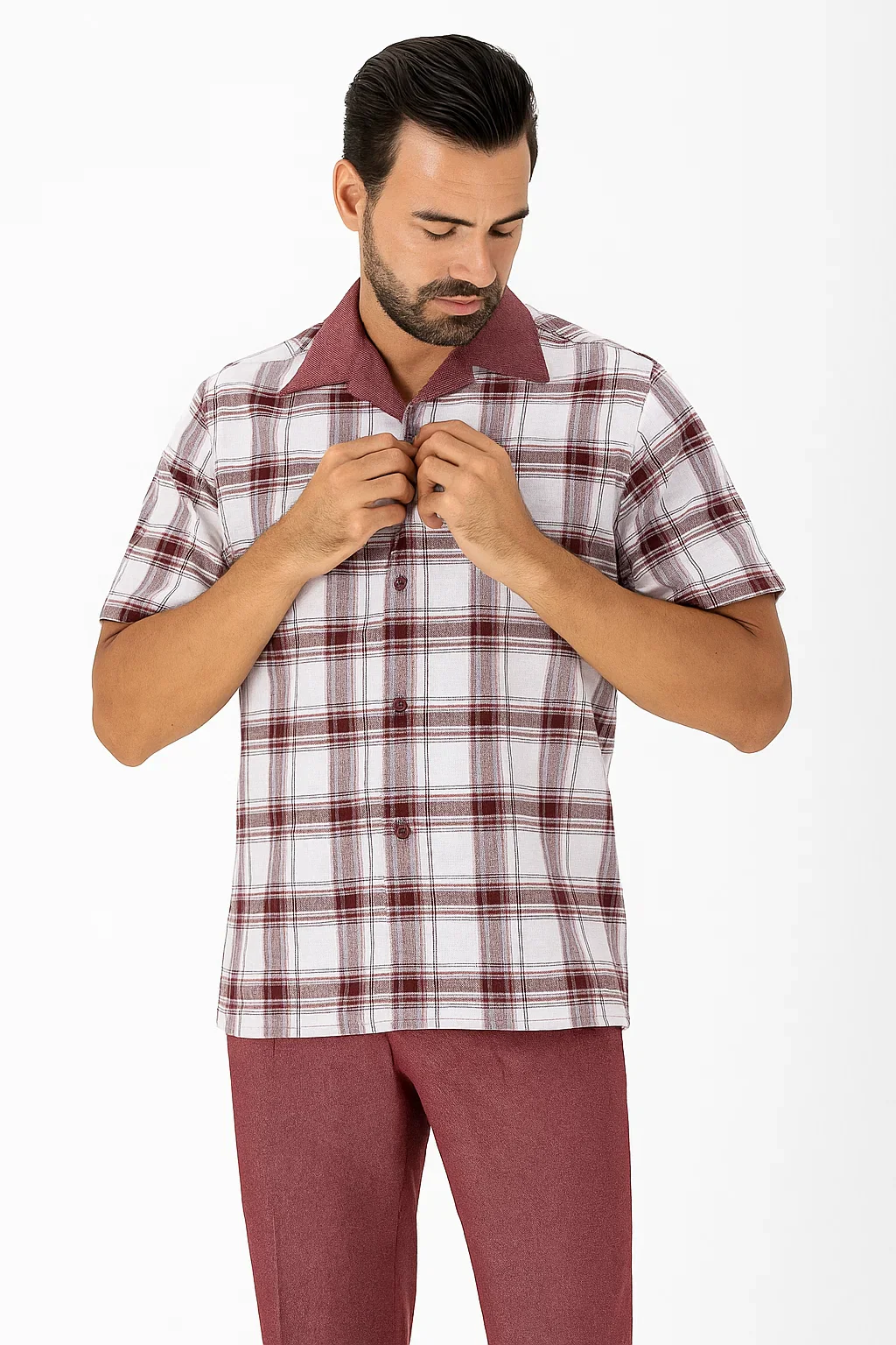 Mens 2pc Walking Suit Short Sleeve Casual Shirt and Pants Burgundy - Image 3