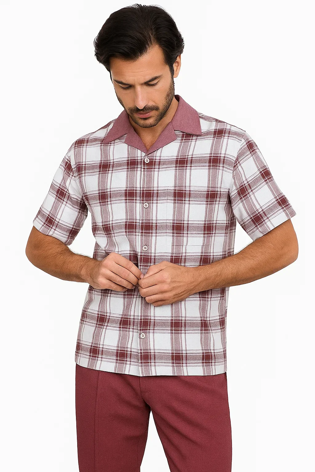 Mens 2pc Walking Suit Short Sleeve Casual Shirt and Pants Burgundy - Image 4