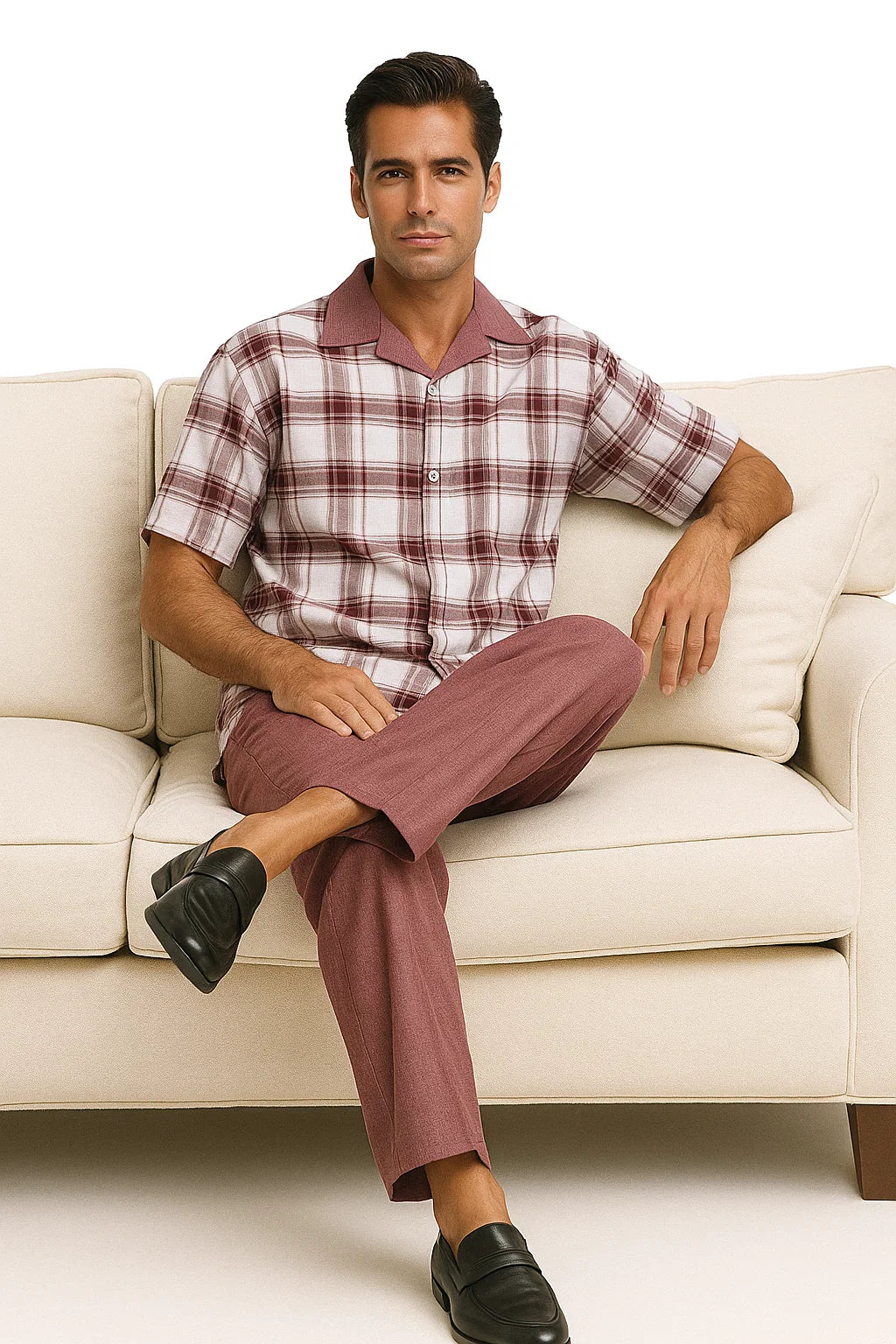 Mens 2pc Walking Suit Short Sleeve Casual Shirt and Pants Burgundy - Image 7