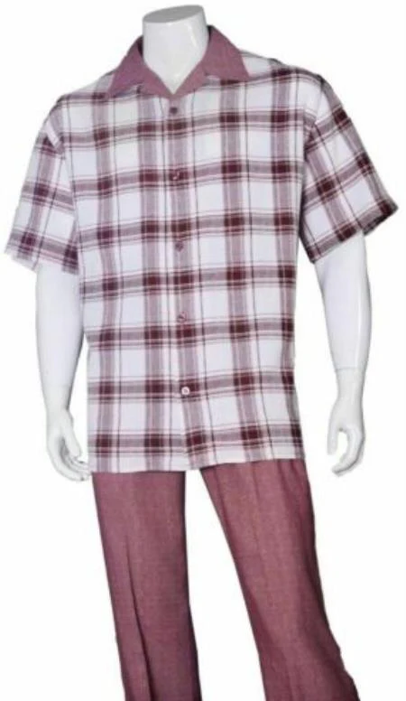 Mens 2pc Walking Suit Short Sleeve Casual Shirt and Pants Burgundy - Image 9