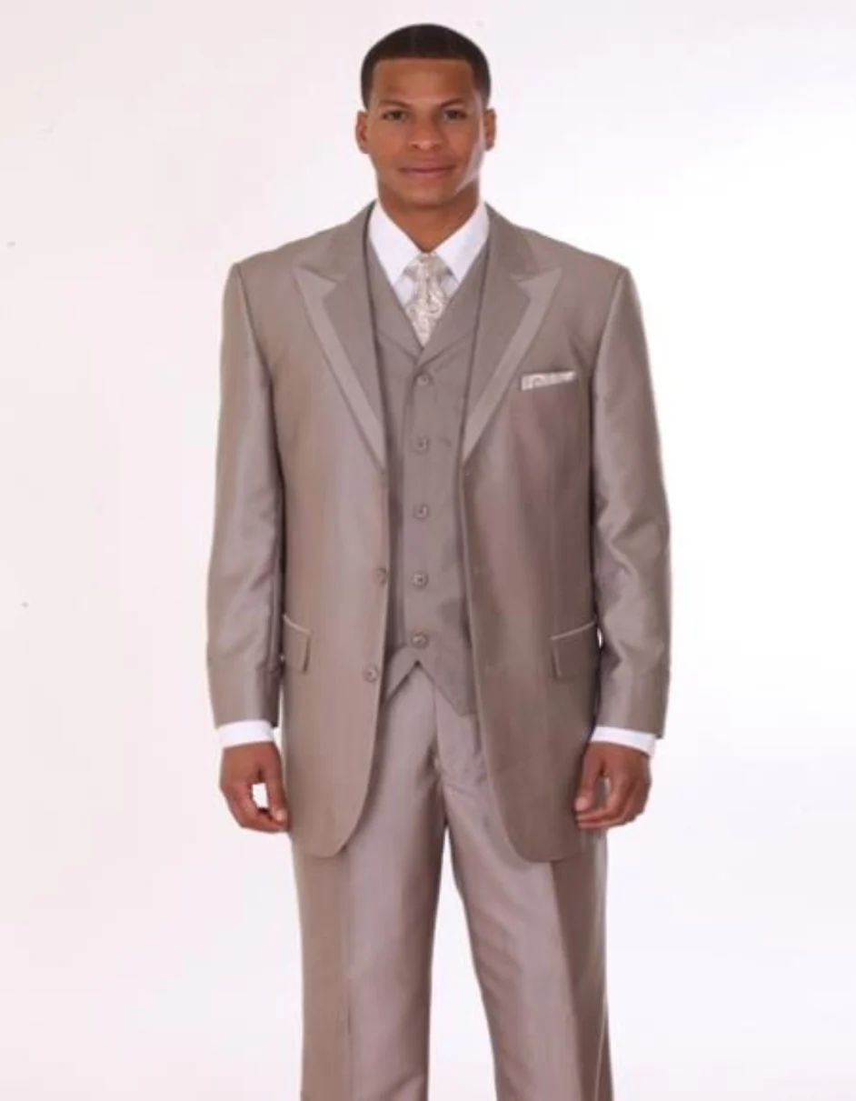 Men's 3 Piece 3 Buttons Fashion Suit with 2 Tone Lapels Tan ~ Beige - Three Piece Suit