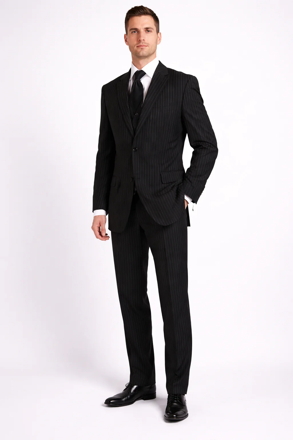 Men'S 3-Piece Black Bold White Chalk Bold Pinstripe Vested Cheap Priced Business Suit Clearance Sale