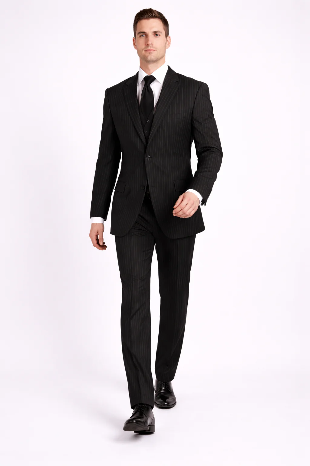 Men'S 3-Piece Black Bold White Chalk Bold Pinstripe Vested Cheap Priced Business Suit Clearance Sale - Image 4