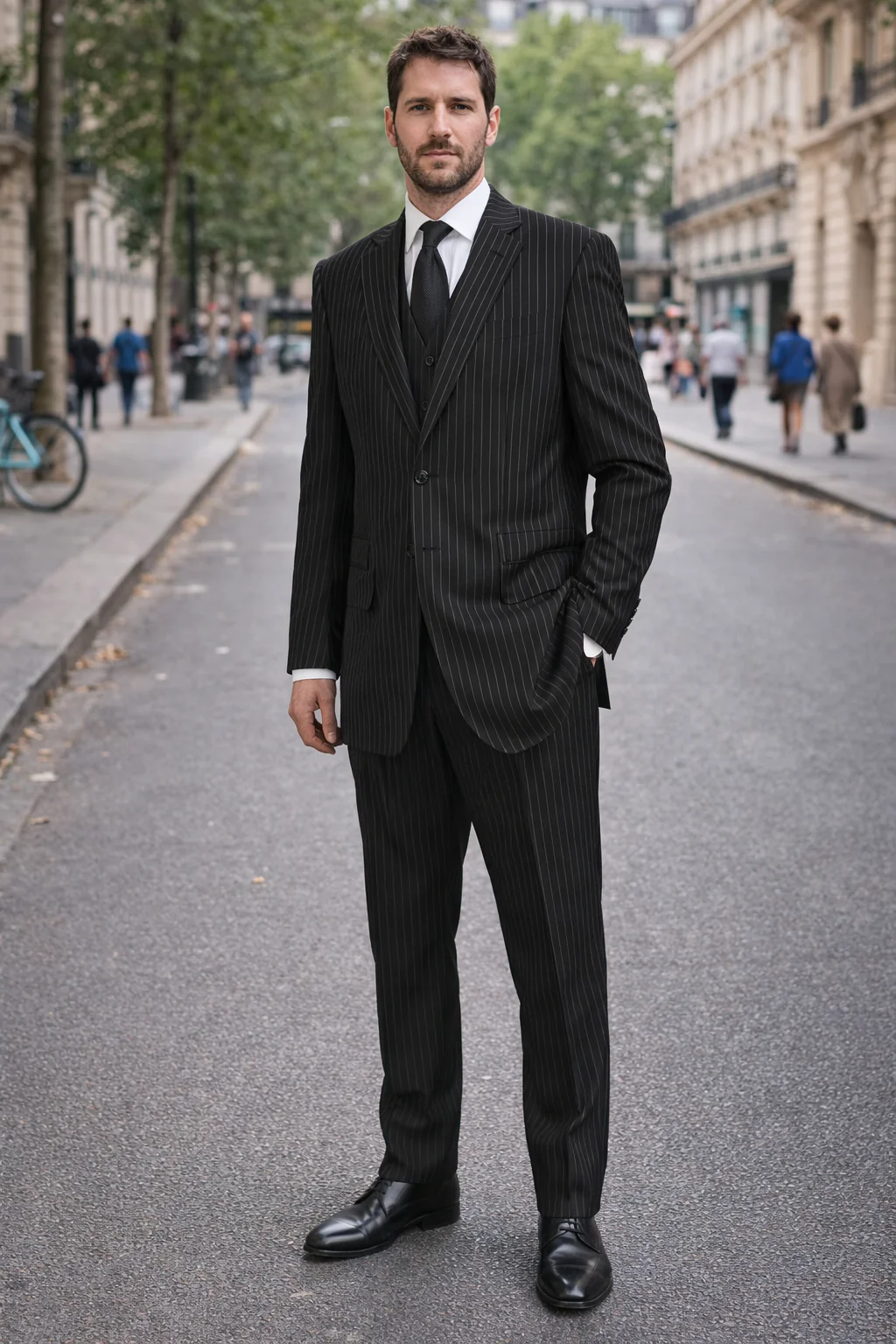 Men'S 3-Piece Black Bold White Chalk Bold Pinstripe Vested Cheap Priced Business Suit Clearance Sale - Image 5