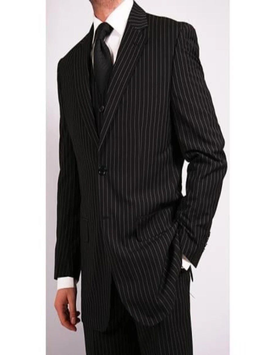 Men'S 3-Piece Black Bold White Chalk Bold Pinstripe Vested Cheap Priced Business Suit Clearance Sale - Image 9