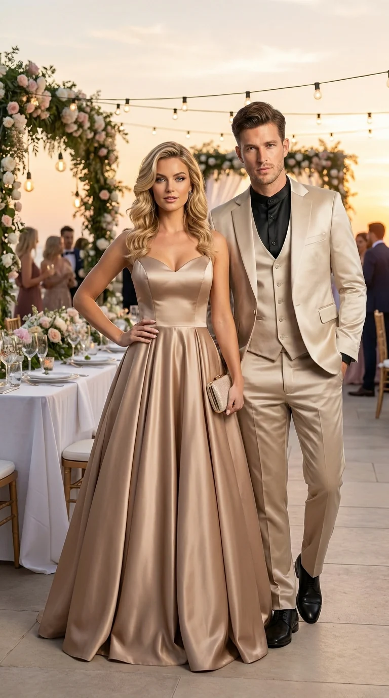 Mens 3-Piece Slim-Fit Shiny All Satin Suit Champagne - Image 10