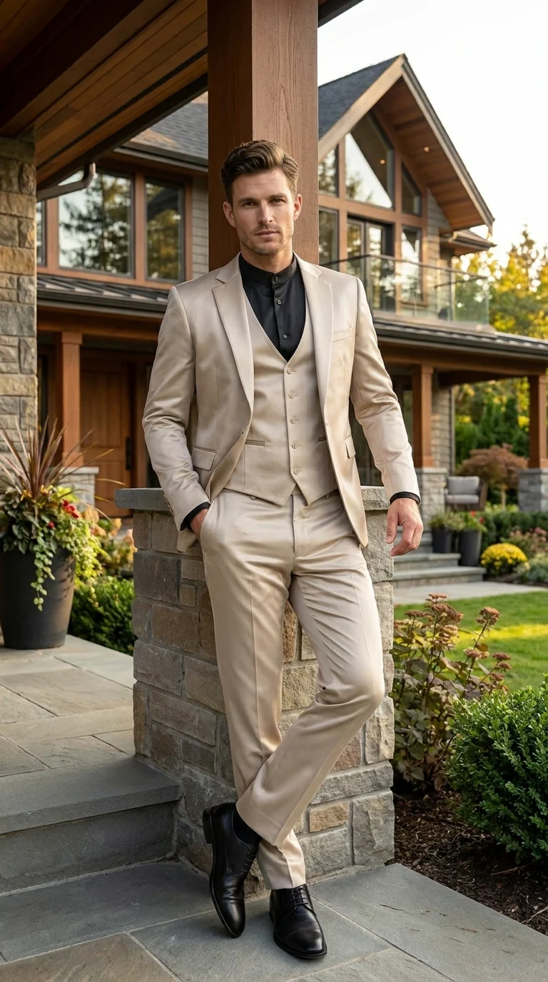 Mens 3-Piece Slim-Fit Shiny All Satin Suit Champagne - Image 12
