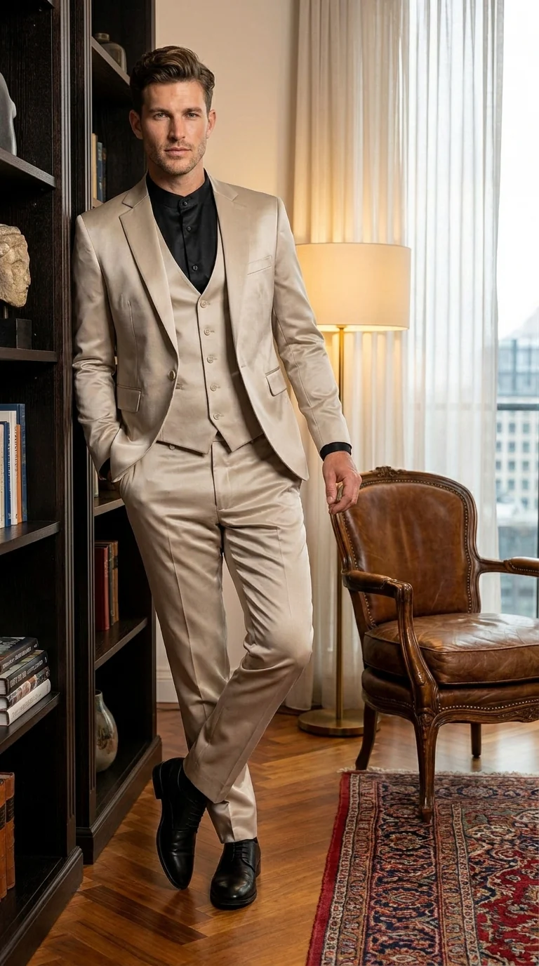 Mens 3-Piece Slim-Fit Shiny All Satin Suit Champagne - Image 13