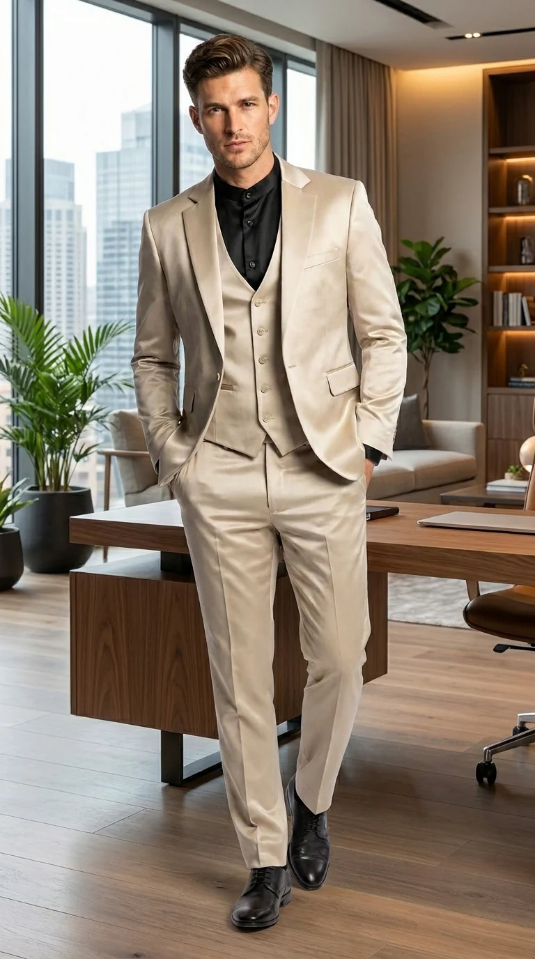 Mens 3-Piece Slim-Fit Shiny All Satin Suit Champagne - Image 14