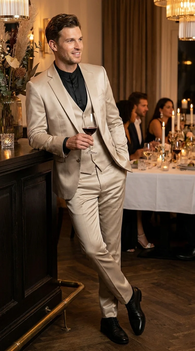 Mens 3-Piece Slim-Fit Shiny All Satin Suit Champagne - Image 15