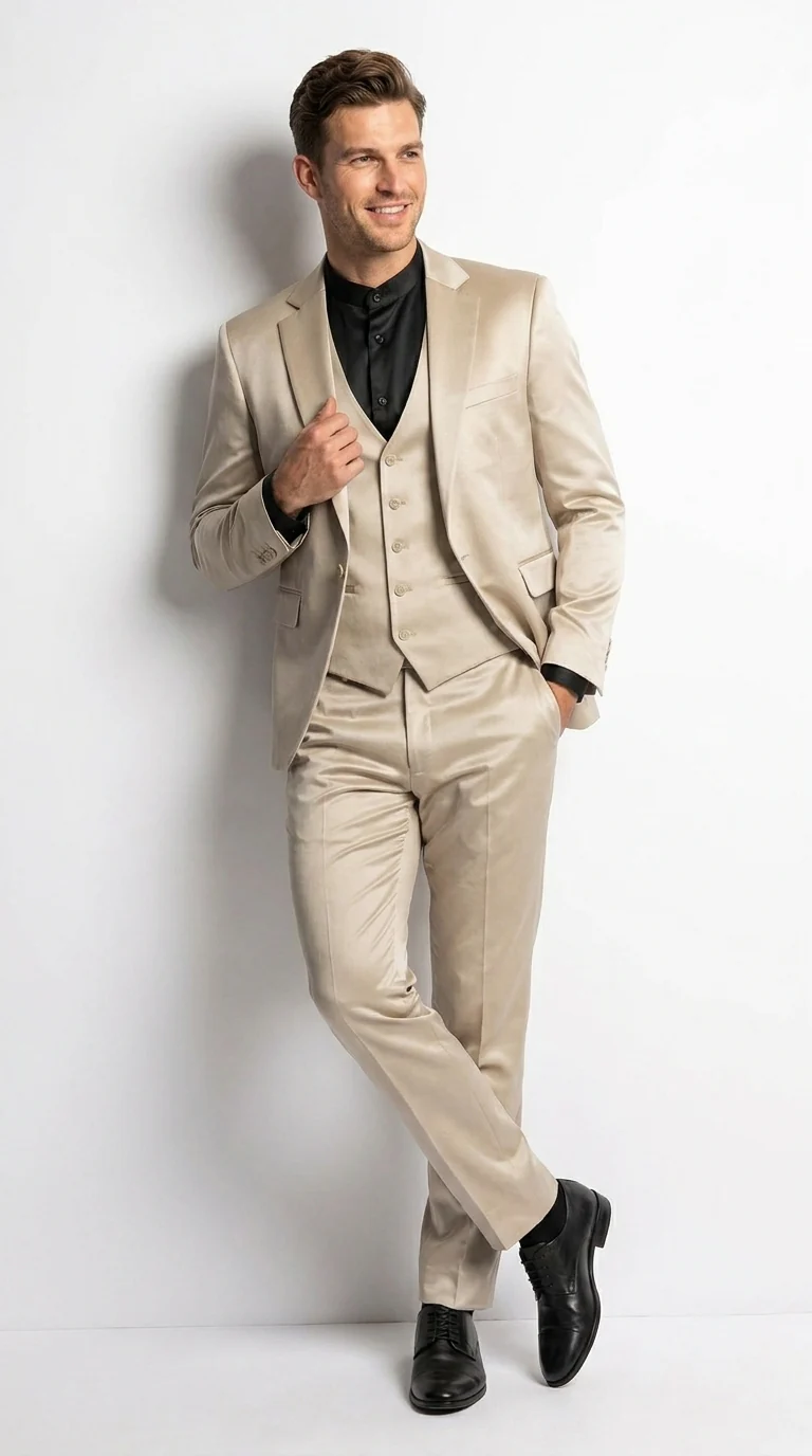 Mens 3-Piece Slim-Fit Shiny All Satin Suit Champagne - Image 4