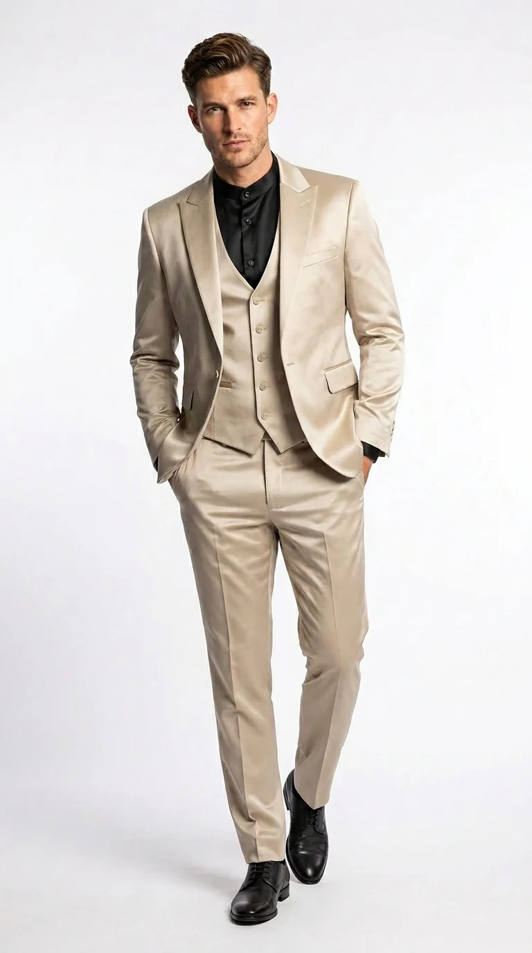 Mens 3-Piece Slim-Fit Shiny All Satin Suit Champagne - Image 5