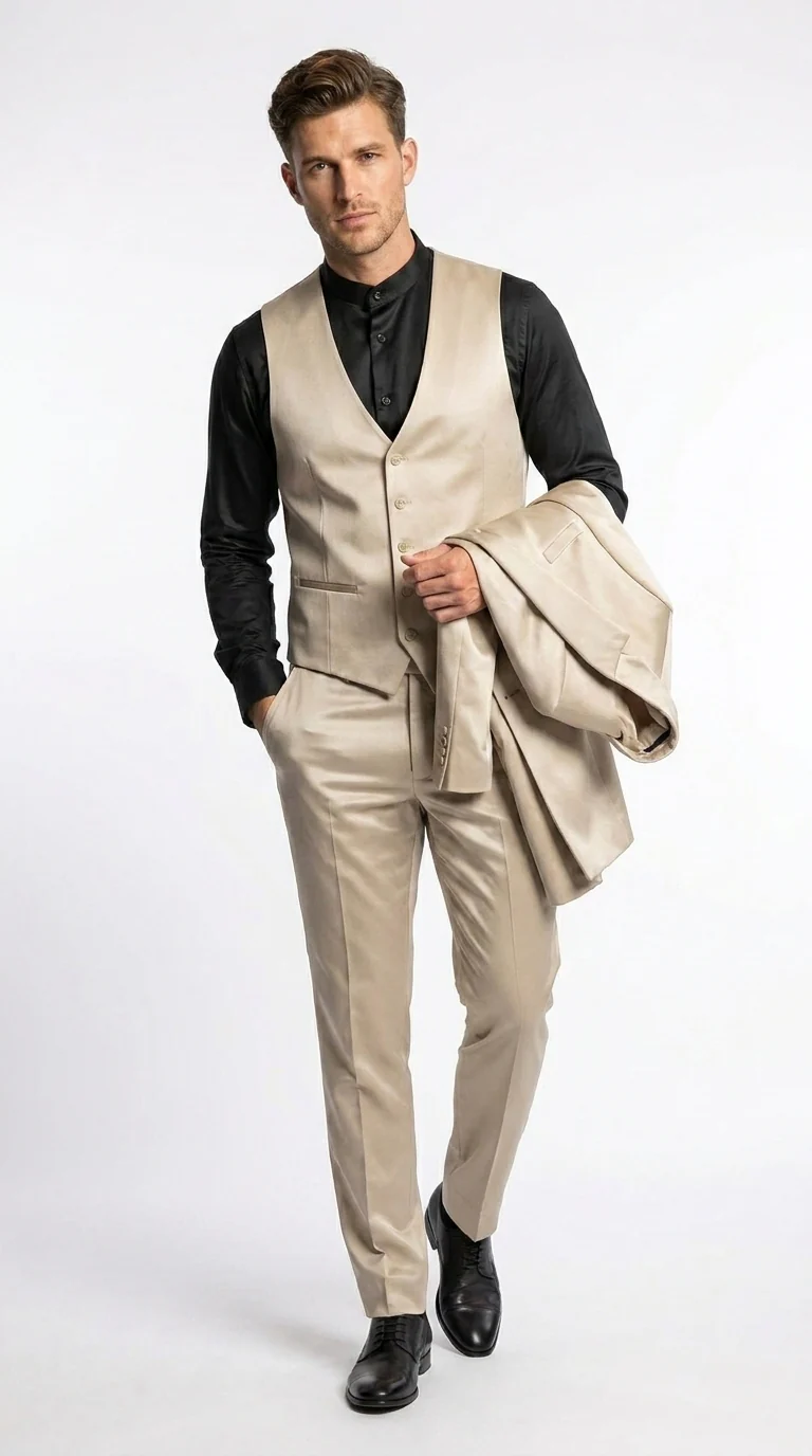 Mens 3-Piece Slim-Fit Shiny All Satin Suit Champagne - Image 6