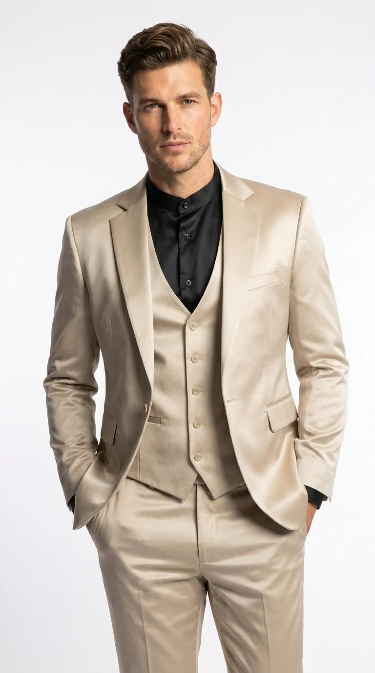 Mens 3-Piece Slim-Fit Shiny All Satin Suit Champagne - Image 7