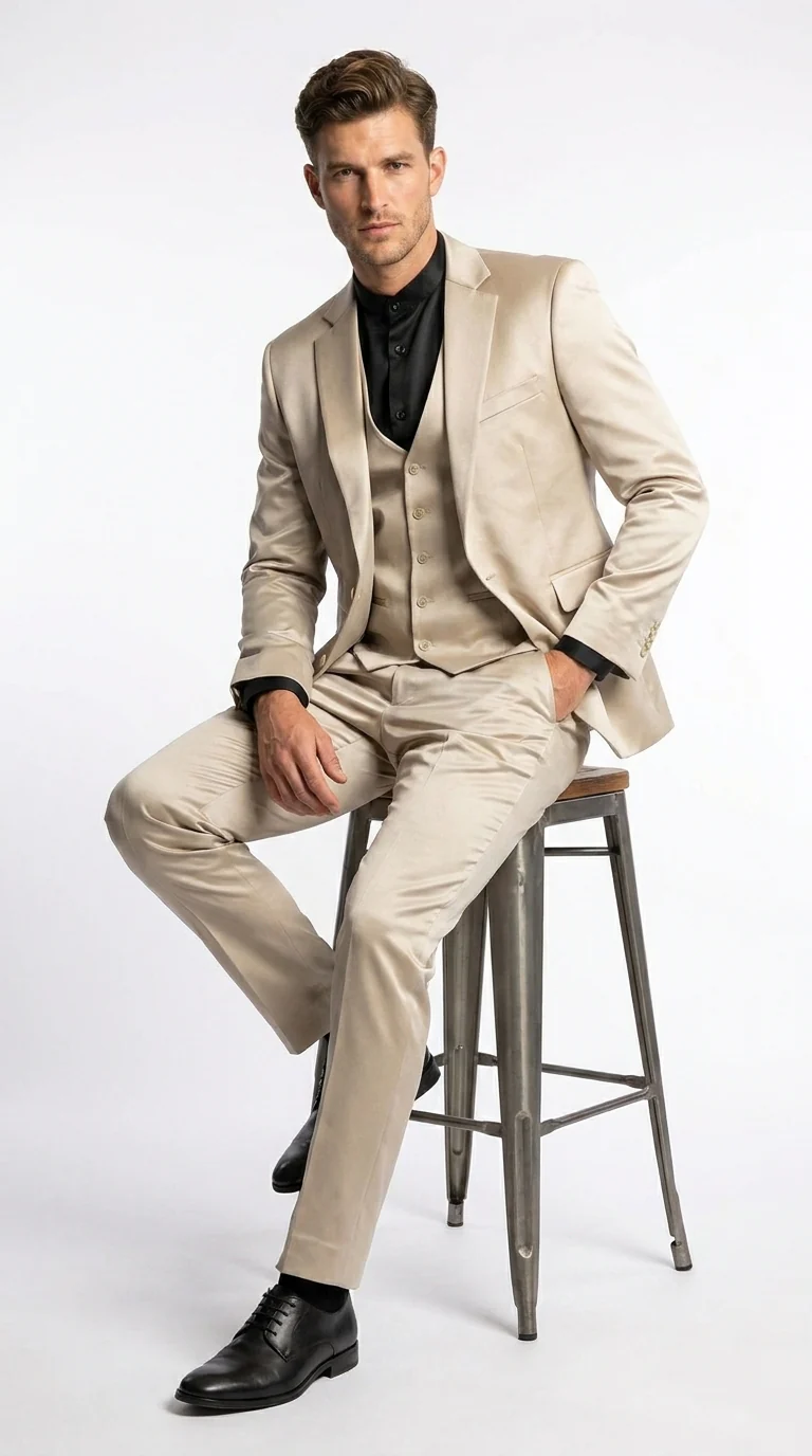 Mens 3-Piece Slim-Fit Shiny All Satin Suit Champagne - Image 8