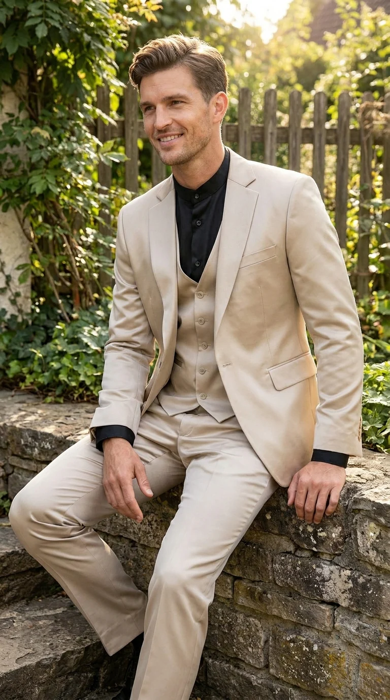 Mens 3-Piece Slim-Fit Shiny All Satin Suit Champagne - Image 9