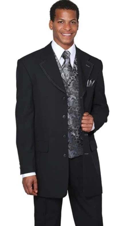 Mens 4 Buttons Long Vested Single Breasted Fashion Suit in Black with Silver Paisley Vest