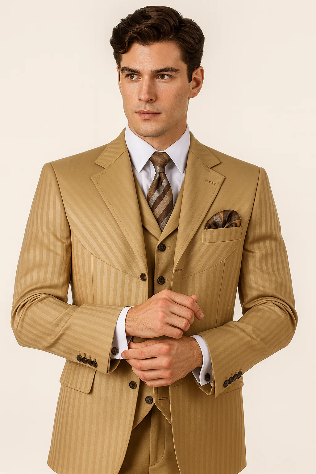 Mens 4 Buttons Semi Wide Leg Shiny Tonal Stripe Fashion Suits in Gold - Image 2