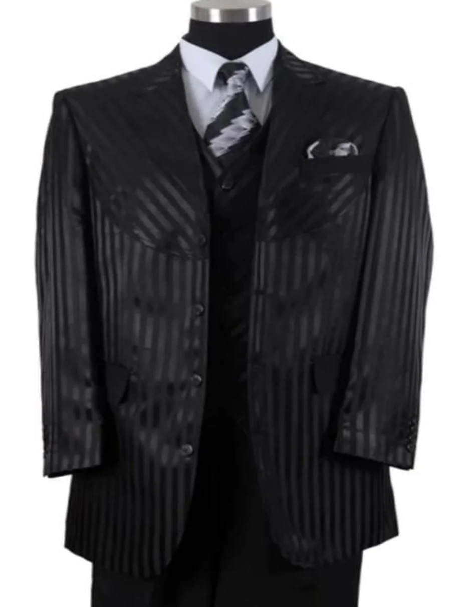 Mens 4 Buttons Semi Wide Leg Shiny Tonal Stripe Notch Label Fashion Suit in Black