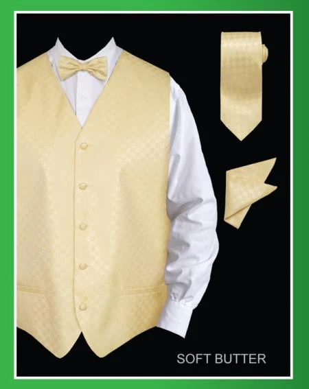 Men's 4 Piece Groomsmen Dress Tuxedo Wedding Vest ~ Waistcoat ~ Waist coat Set (Bow Tie, Neck Tie, Hanky) - Chessboard Checkered Soft Butter - Men's Neck Ties - Mens Dress Tie - Trendy Mens Ties