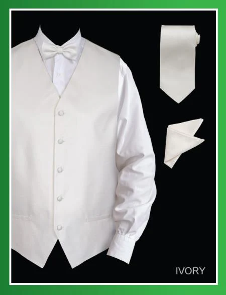 Men's 4 Piece Groomsmen Dress Tuxedo Wedding Vest ~ Waistcoat ~ Waist coat Set (Bow Tie, Neck Tie, Hanky) - Jacquard Ivory - Men's Neck Ties - Mens Dress Tie - Trendy Mens Ties