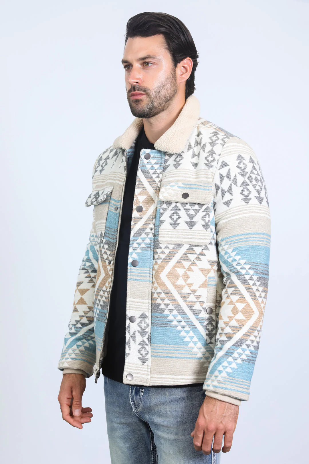 Men’s Aztec Tribal Quilted Twill Jacket – Beige Casual Outerwear - Image 5