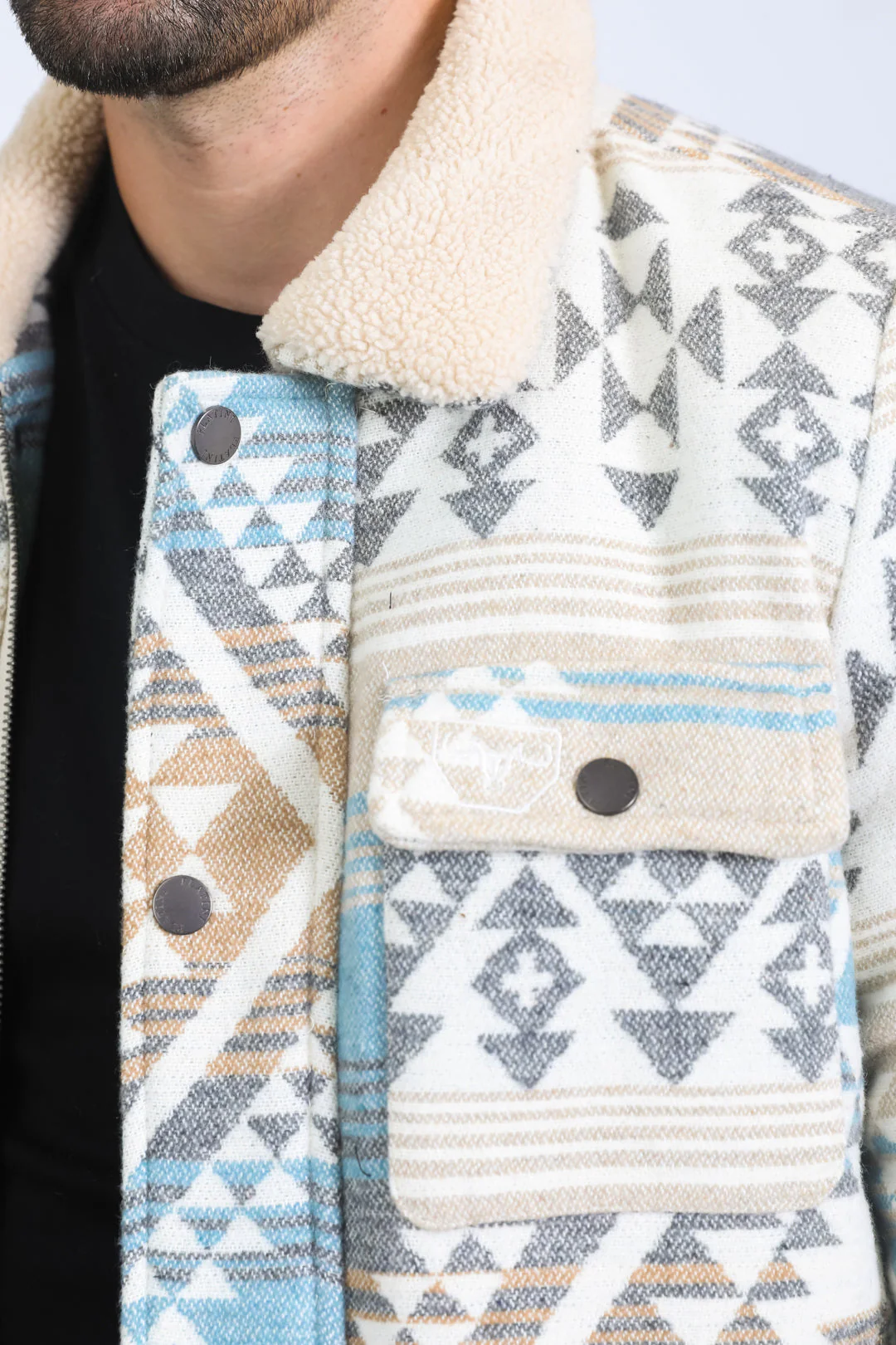 Men’s Aztec Tribal Quilted Twill Jacket – Beige Casual Outerwear - Image 6