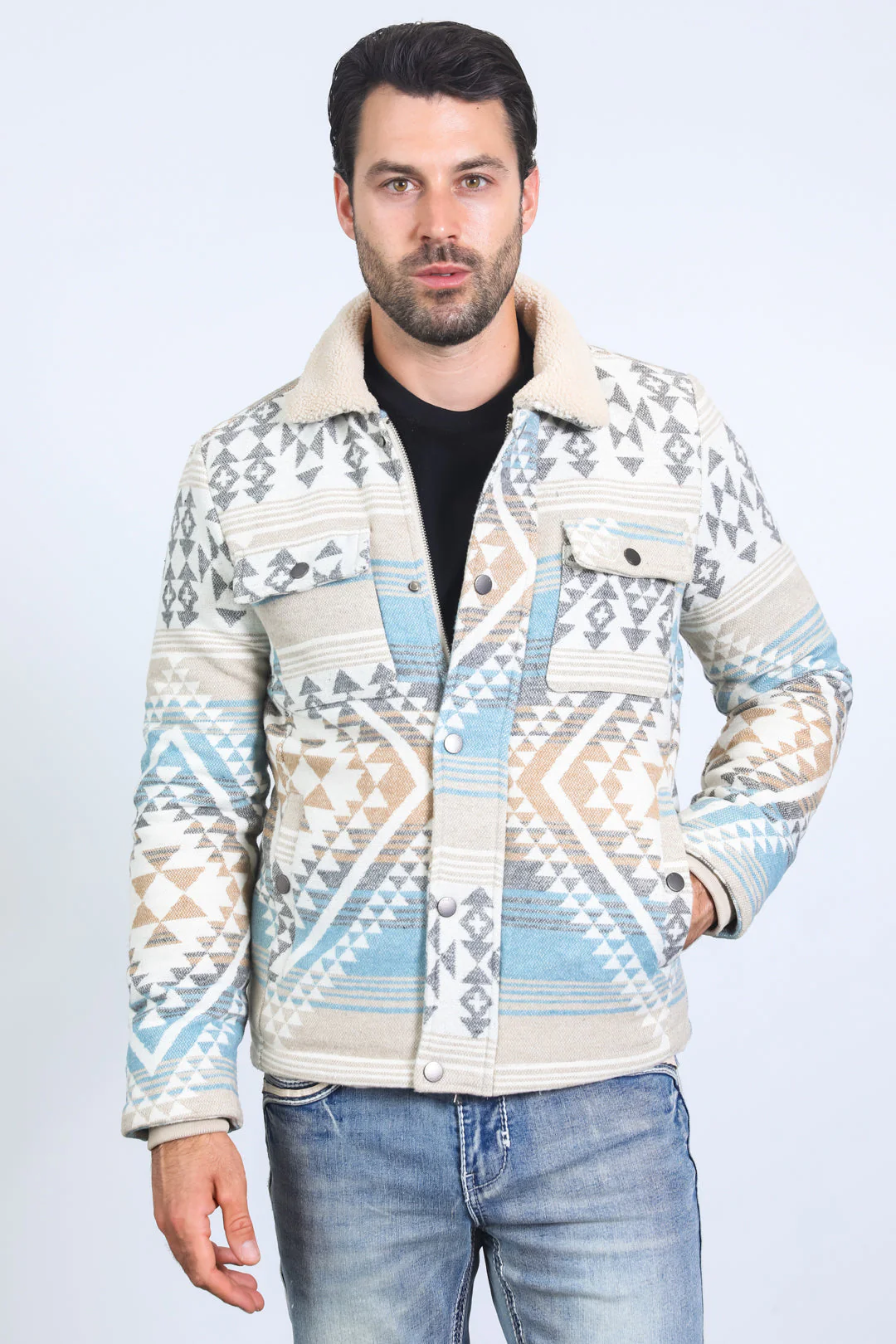 Men’s Aztec Tribal Quilted Twill Jacket – Beige Casual Outerwear - Image 7