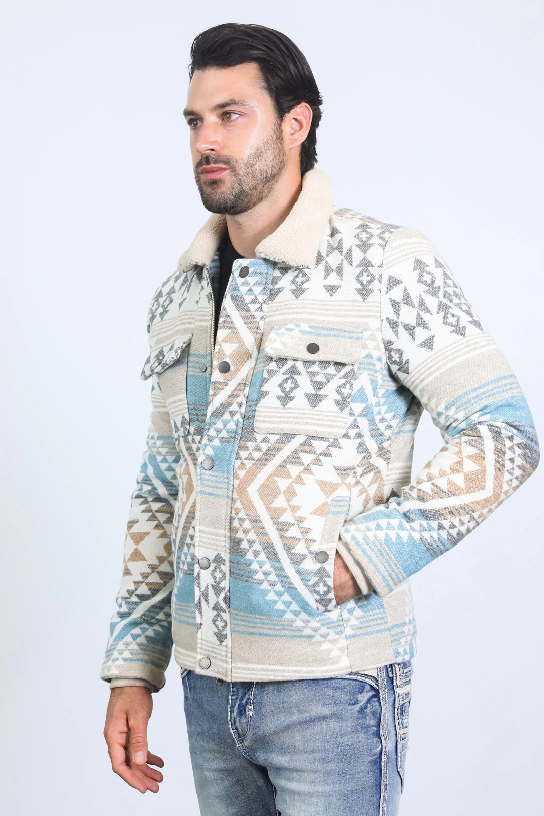 Men’s Aztec Tribal Quilted Twill Jacket – Beige Casual Outerwear - Image 8