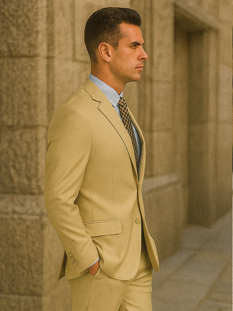 Mens Basic 2 Button Classic Fit Poplin Suit in Beige - Image 5