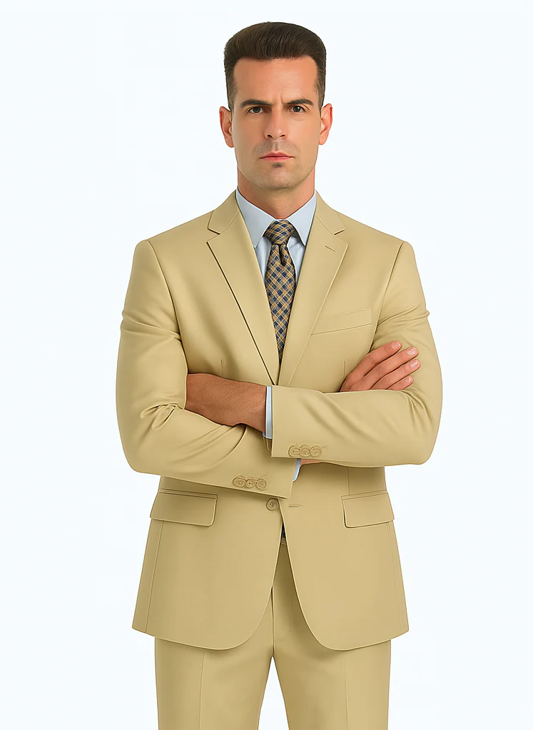 Mens Basic 2 Button Classic Fit Poplin Suit in Beige - Image 7